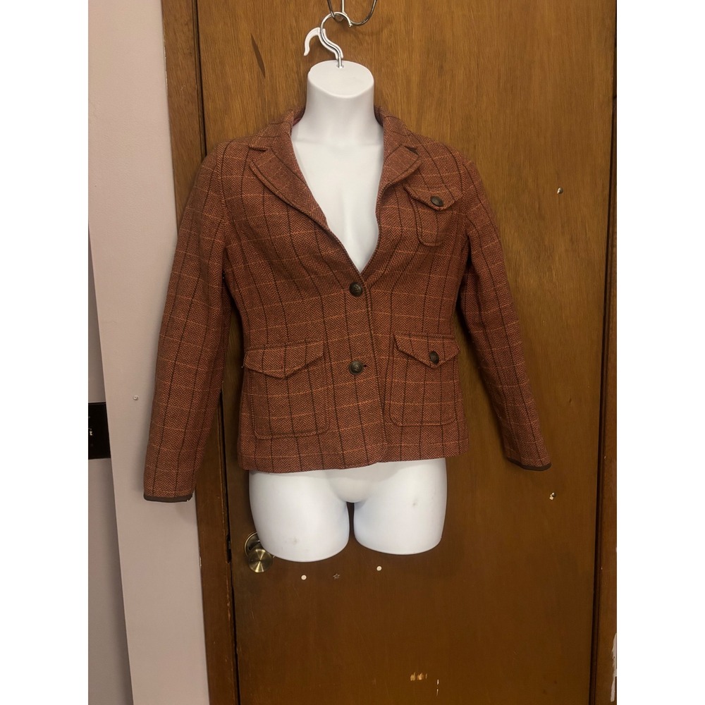 Vtg BASIC HOUSE Women's Pink Plaid Blazer Jacket Wool/Acrylic Elbow Patches S/M
